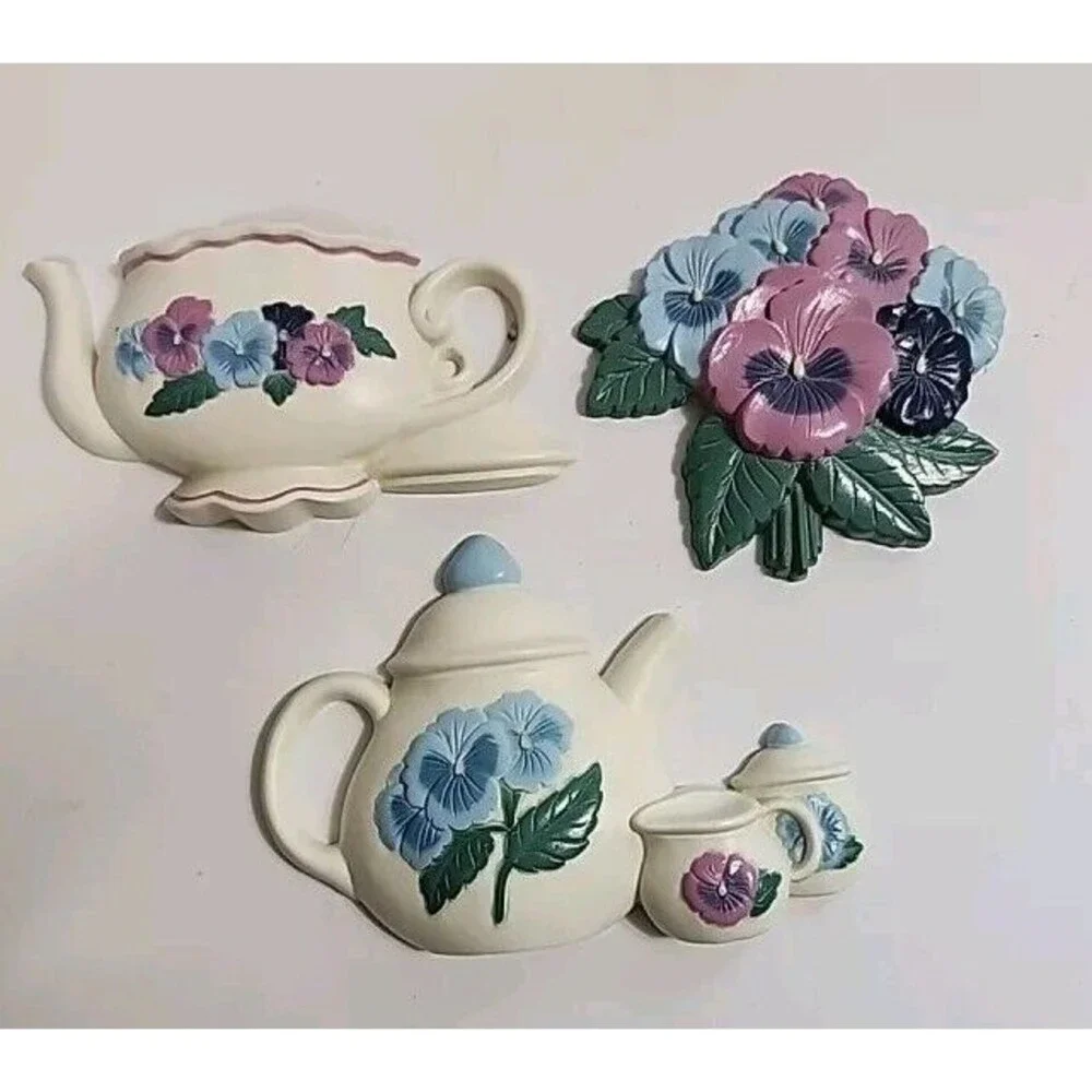 Vintage 1995 Burwood Floral Teapots & Bouquet 3 pc Wall Art Hanging Decor Set
